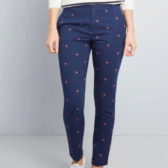 Modcloth Pants - Modcloth Navy Chino Slim Pants w/ Pink Umbrella Embroidered Pattern Workwear 10